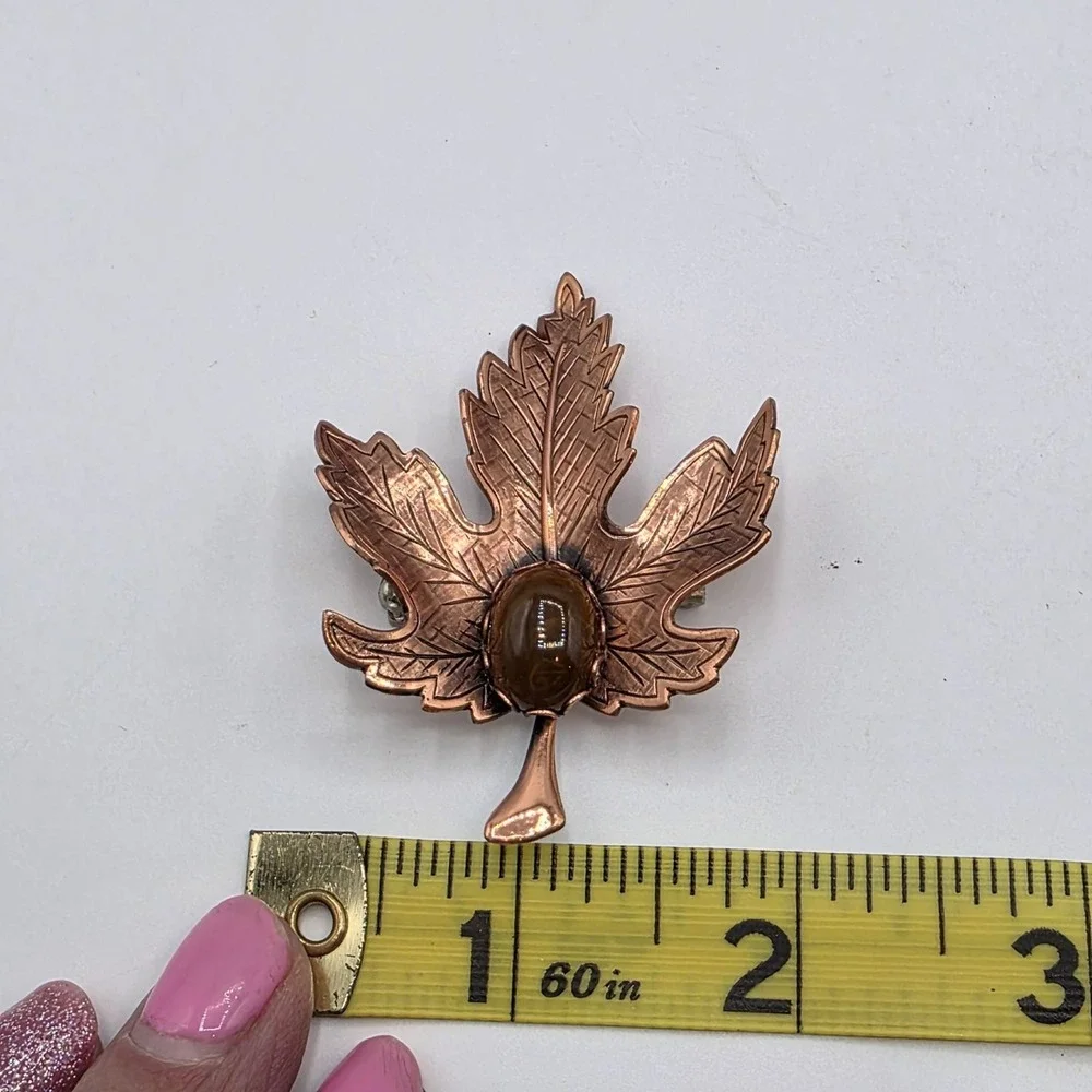 Vintage‎ Renoir Copper Maple Leaf Brooch Brown Stone Cabochon Mid Century Pin